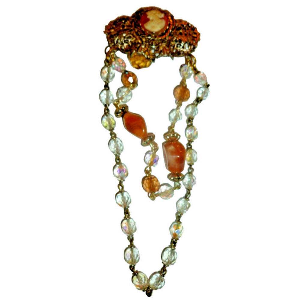 Vintage Cameo‎ Brooch  AB Aurora Borealis Dangle Chain Beaded